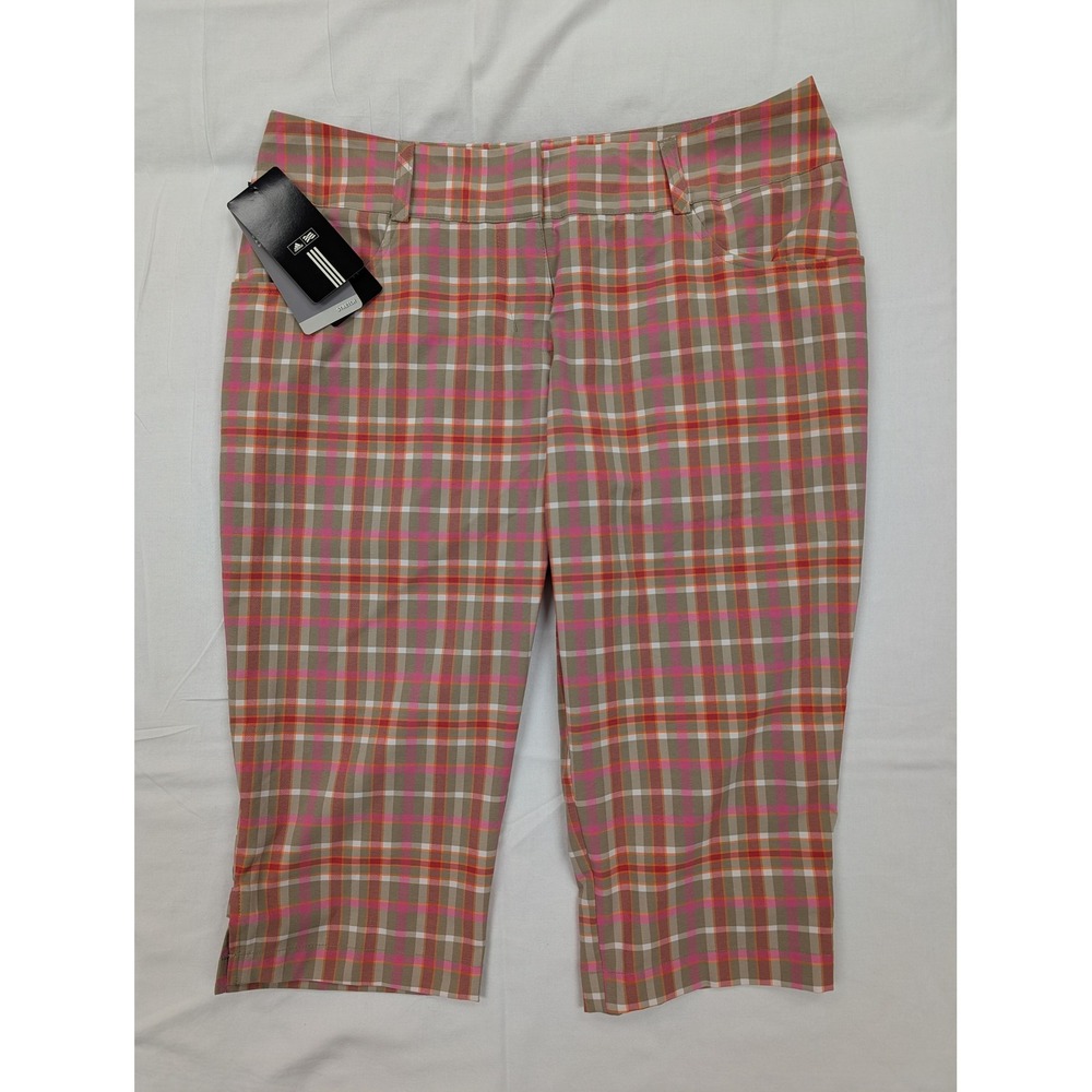 Adidas Golf Climalite Plaid Stretch Capri Pants Women's Size 6 NWT Khaki Pink